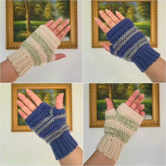 Crocheted Pair of Striped Fingerless Gloves - Picture 1 of 2